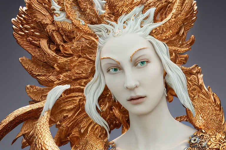 Image similar to a closeup photo - real delicate ceramic porcelain sculpture of an ornate detailed phoenix goddess in front of an intricate background by rafael, micro detail, backlit lighting, subsurface scattering, translucent, thin porcelain, emerald, jade, octane renderer, colorful, physically based rendering, trending on cgsociety