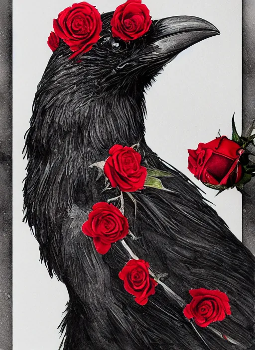 Image similar to portrait, A crow with red eyes in front of the full big moon, book cover, red roses, red white black colors, establishing shot, extremly high detail, foto realistic, cinematic lighting, pen and ink, intricate line drawings, by Yoshitaka Amano, Ruan Jia, Kentaro Miura, Artgerm, post processed, concept art, artstation, matte painting, style by eddie mendoza, raphael lacoste, alex ross