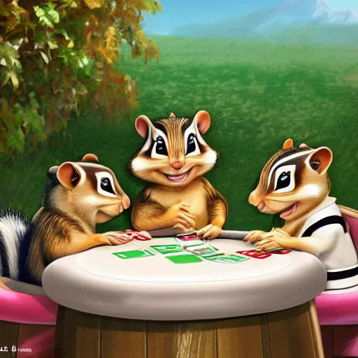 Image similar to three chipmunks sitting in a beautiful garden at a winery in heaven, tasting wine and eating cheese, while playing poker, digital art animation, highly detailed, elegant, 4 k