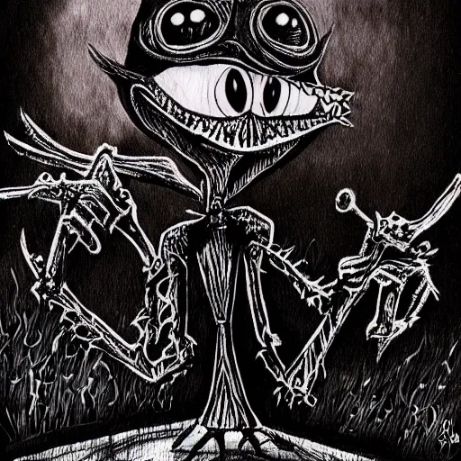 Image similar to dark art cartoon grunge drawing of elmo by tim burton - loony toons style, horror theme, detailed, elegant, intricate, trending on art station