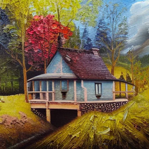 Image similar to detailed oil painting, house in forest