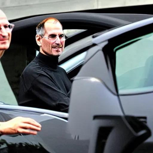 Prompt: Steve Jobs driving a Tesla car