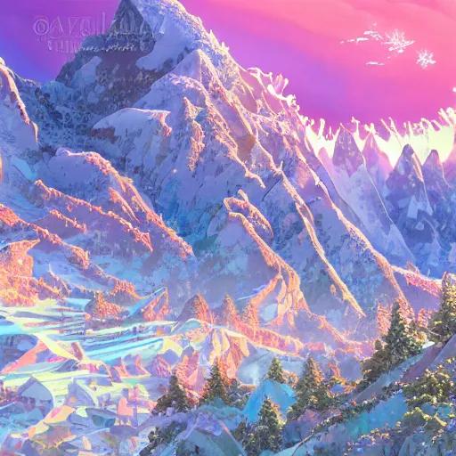 Image similar to the aesthetic view of the beautiful, grand, wistful, dreamy snowcapped mountain at dusk, hyperrealistic anime illustration by iralki nadar, colorful, extremely detailed, intricate linework, super sharp focus, bright colors, octopath traveler, studio ghibli, unreal engine 5 highly rendered, global illumination, radiant light, detailed and intricate environment