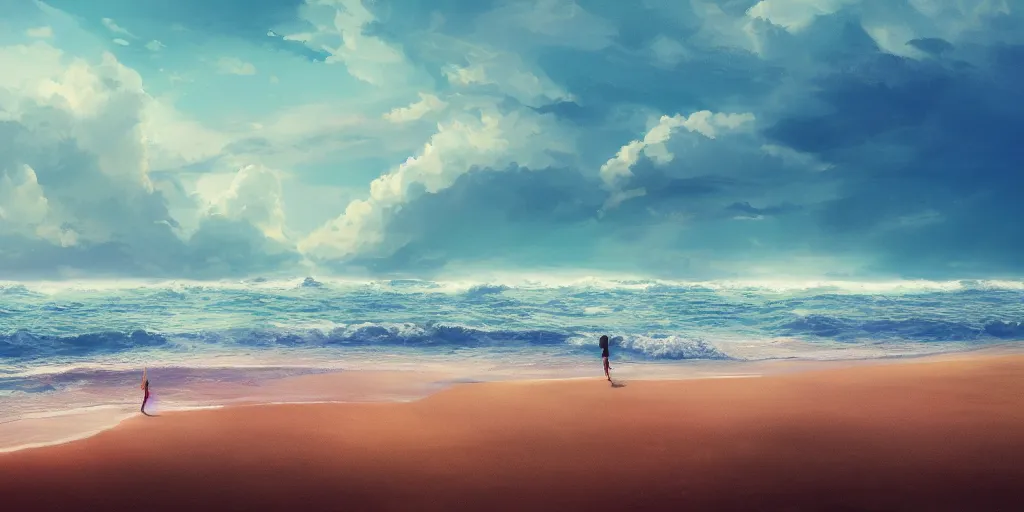 Image similar to a beach, cinematic angle, studio Ghibli, volumetric lighting, bold, beautiful composition, intricate, elegant, digital art, detailed, oil painting, hyperrealistic, sharp focus, 8k