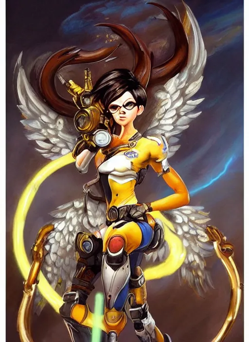 Image similar to full body oil painting of tracer overwatch in the style of frank frazetta, angel wings, dramatic painting, symmetrical composition, ornate, golden chains, high detail, gold detailed collar!!!!!, blooming, angelic, lights, flowers, heavenly, bright, detailed face,