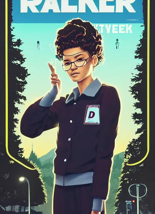 Prompt: poster artwork by Michael Whelan and Tomer Hanuka, Karol Bak of Zendaya a high school student working at the local diner, wearing rr diner uniform, from scene from Twin Peaks, clean