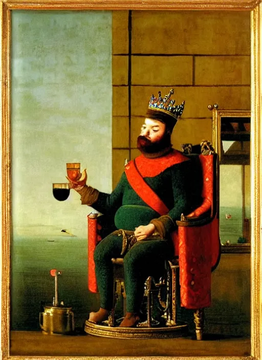 Prompt: king on a throne with a water - filled tankard in his hand in the style of michael sowa