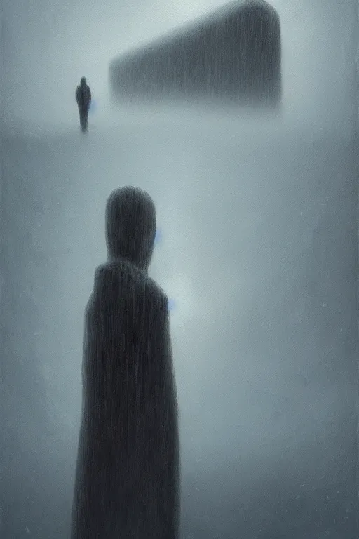 Image similar to a painting of a person standing in the snow, a surrealist painting by zdzisław beksinski and by alena aenami, deviantart, nuclear art, dystopian art, apocalypse landscape, surrealist