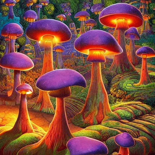 Image similar to glowing mushroom village, art by ricardo bofill, james christensen, rob gonsalves, paul lehr, and tim white