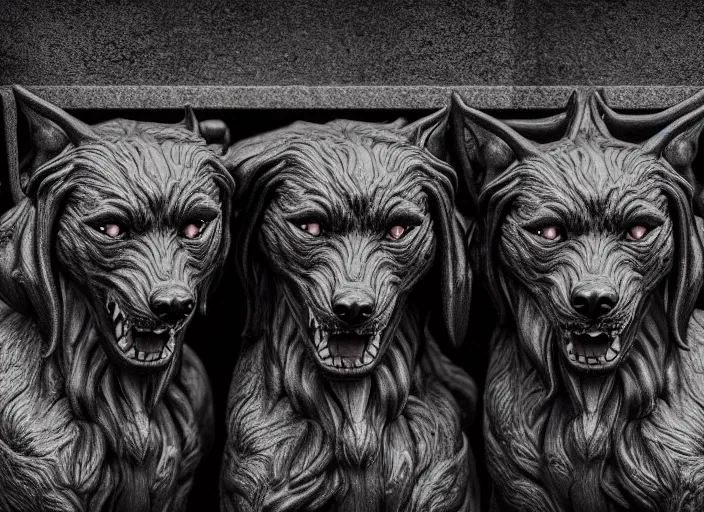 Prompt: photo of a real life photorealistic cerberus hound guarding the gates to the underworld. fantasy horror style. highly detailed 8 k. intricate. lifelike. soft light. nikon d 8 5 0 5 5 mm. dof. cinematic post - processing.