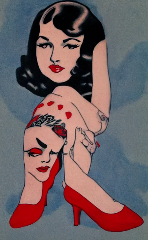 Image similar to traditional American tattoo of black haired pinup girl wearing heels, red lipstick