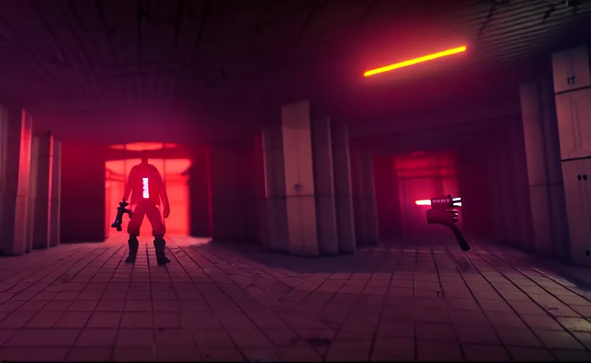 Image similar to in-game screenshot of a dark red hazmat scientist holding a gun walking on unreal engine 5, in a liminal underground garden, retrofuturism, brutalism, staggered terraces, minimalist