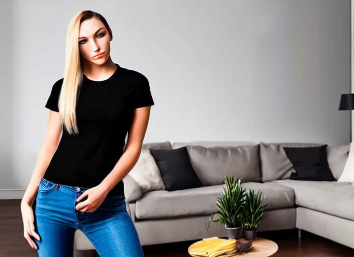 Image similar to clear photorealistic mockup product photograph of a blank black tshirt on an attractive female model in front of a livingroom!! background