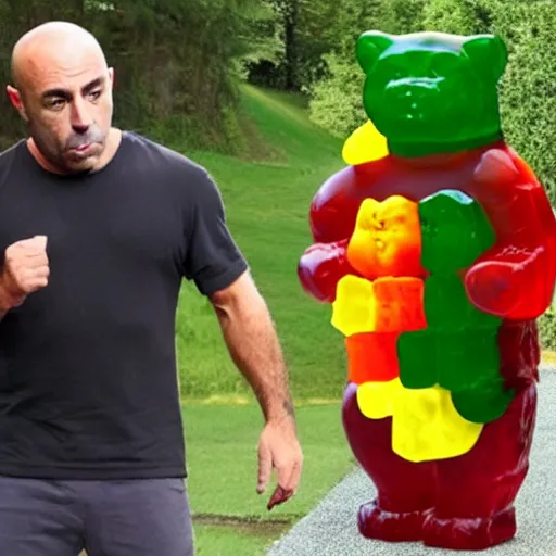 Image similar to joe rogan fighting a life sized gummy bear