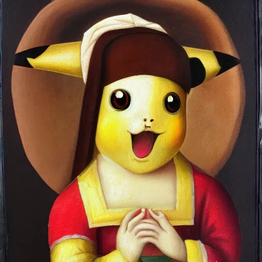 Image similar to a renaissance style portrait painting of Pikachu