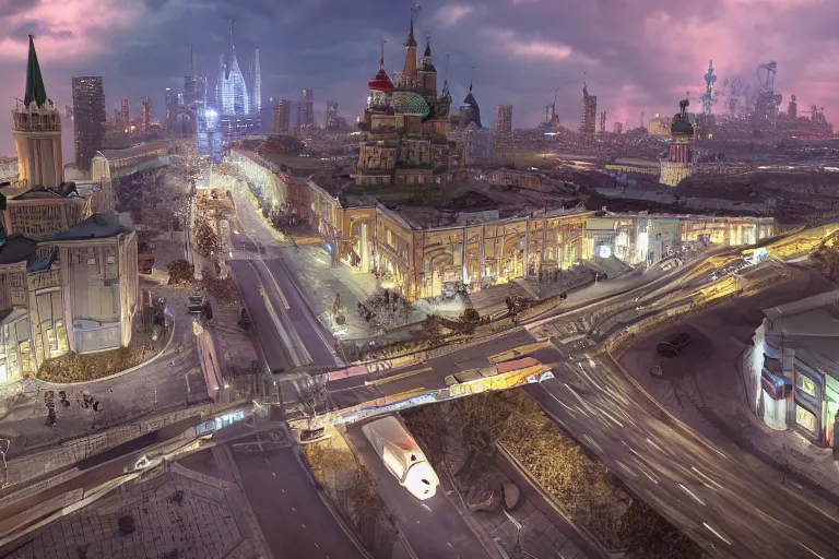 Prompt: moscow street view panoramic octane render pixar dream works night