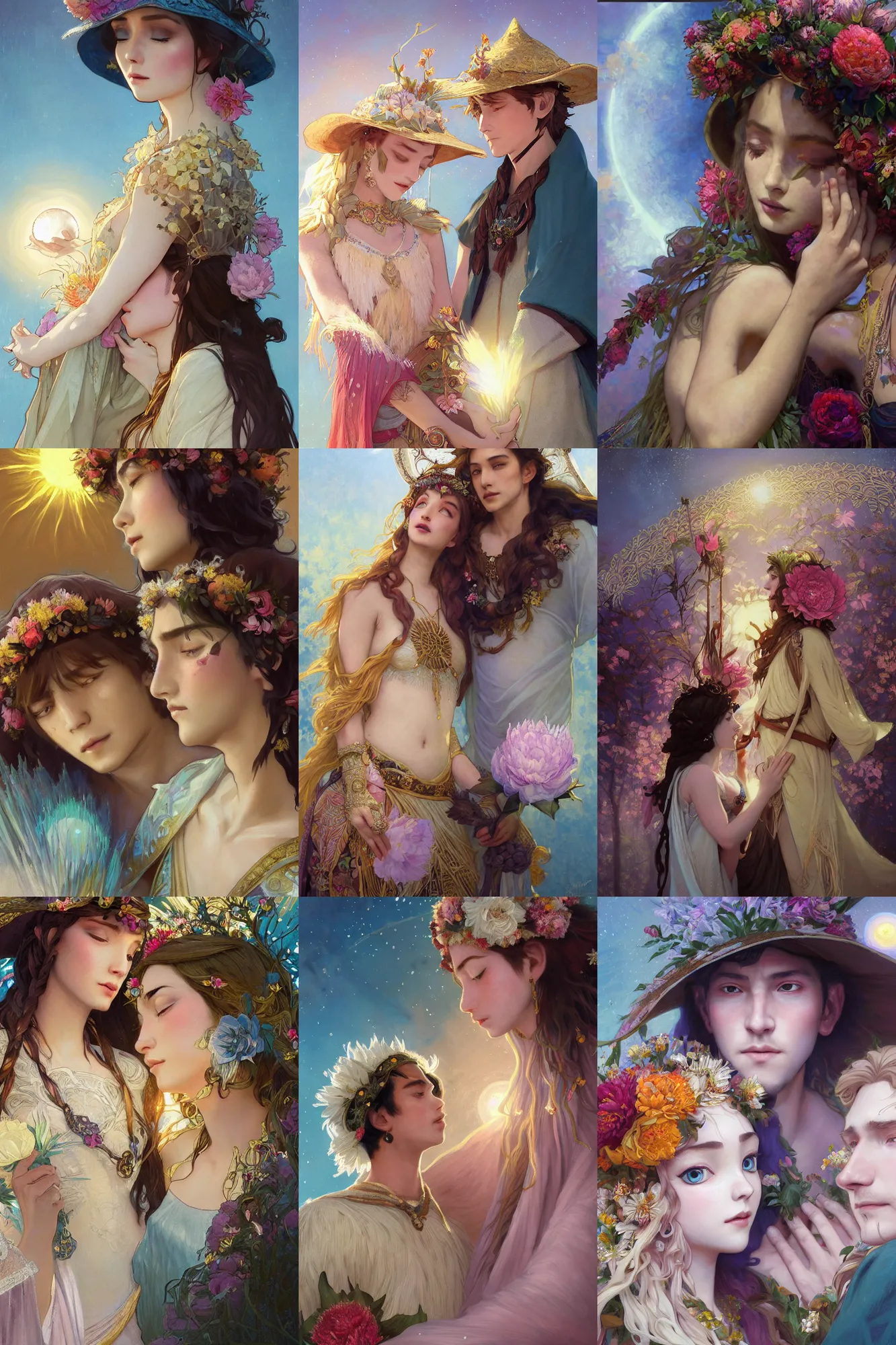 Prompt: a cinematic tender beautifully close up moment of a young sun god and moon goddess magician lovers saying goodbye portrait wearing boho sunhat with peonies, Frozen Klaus film, elegant, digital painting, artstation, concept art, illustration, Frozen II art masterpiece by art by Krenz Cushart, Artem Demura, alphonse mucha, yoji shinkawa, ArtGerm, Jon Lothian, Danilo Torres, Adi Meyers, Thomas Reimann, Gaston Bussiere