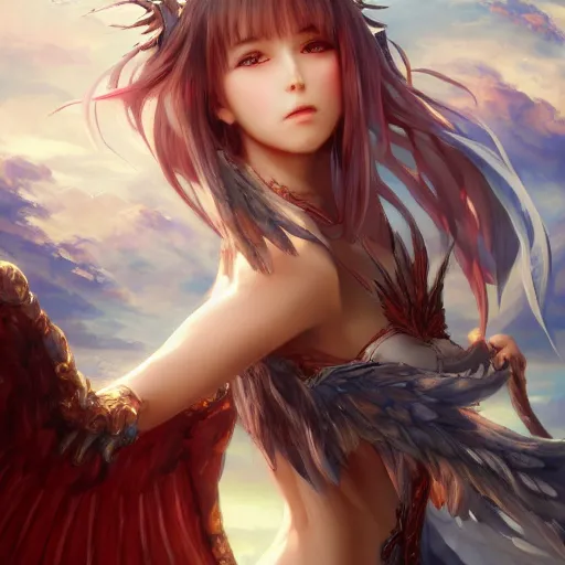 Image similar to an oil painting of a beautiful anime girl with dragon wings, by artgerm, wlop and greg rutkowski, hd, hdr, ue 5, ue 6, unreal engine 5, cinematic 4 k wallpaper, 8 k, ultra detailed, high resolution, artstation, award winning