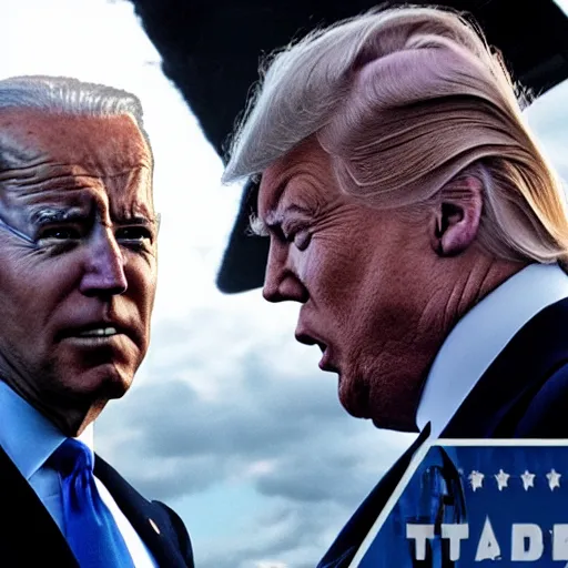 Image similar to joe biden is a terminator shooting donald trump, cinematic, establishing shot, extremly high detail, photorealistic, cinematic lighting, style by James Gurney