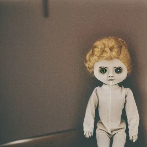 Image similar to fujifilm superia photo of a scary doll in empty office room, liminal, gloomy, grainy