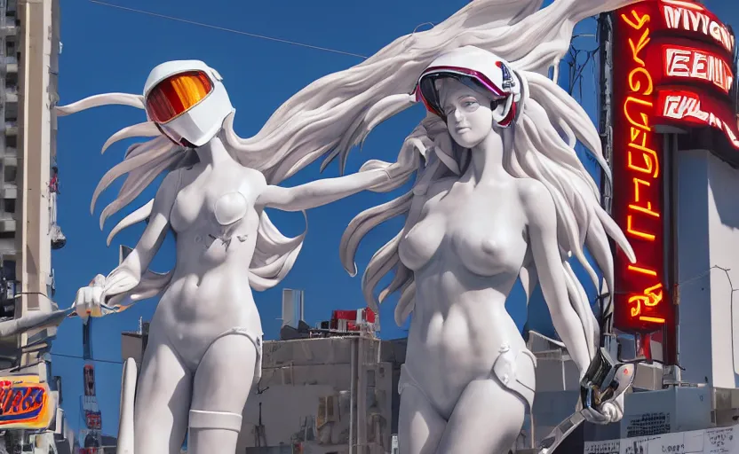 Image similar to billboard advertisement with an extremely beautiful photo of a white marble statue of an anime girl with colorful motocross logos and motorcycle helmet with closed visor, colorful smoke in the background, carved marble statue, fine art, neon genesis evangelion, virgil abloh, offwhite, denoise, highly detailed, 8 k, hyperreal