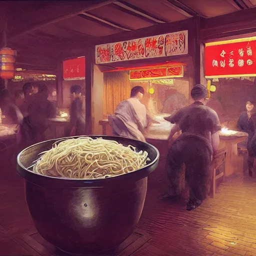 Image similar to Inside a traditional Chinese restaurant, with the chef preparing lots of yakisoba in a giant pot art by Sergey Kolesov