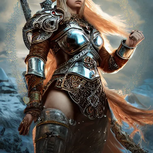 Prompt: portrait of scandinavian valkyrie in armour insanely ornamented with decorations, valhalla, ice, nord, incredible detailed, octane render, fairy tale mysterious atmosphere, artstation trends, detailed midgard on the background.