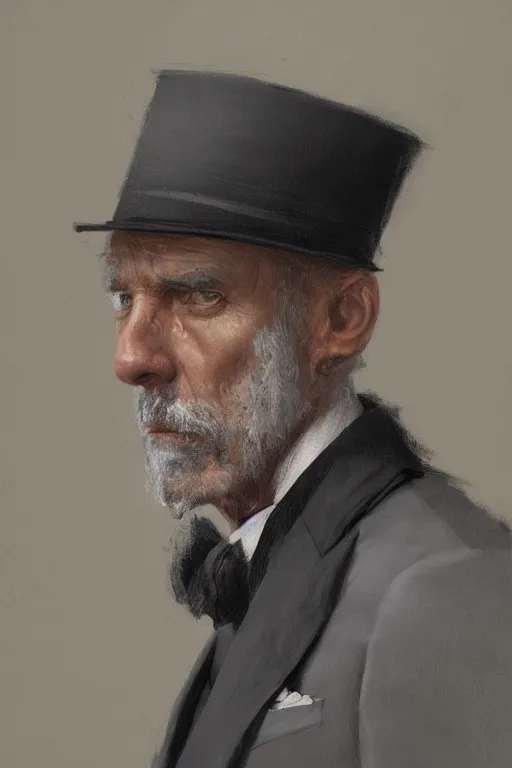 Prompt: a man grey hair with stubble top hat and suit by Greg Rutkowski, painting, portrait, high details, trending on artstation