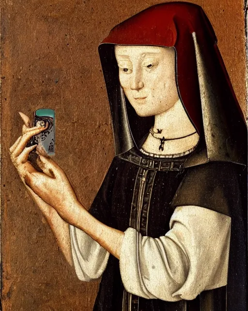 Image similar to a 1 5 th century medieval oil painting of a an iphone on a wireless charger, c. 1 4 7 8. high quality scan