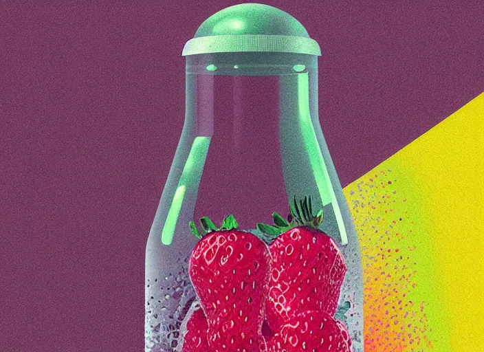 Image similar to ( ( dither ) ), editorial illustration strawberries blueberries sliced kiwi sliced lemon inside a clear drinking bottle, isometric, modern art deco, mads berg, karolis strautniekas, stippled light, fog, fine texture, dynamic composition, matte print, ( ( unreal engine ) )