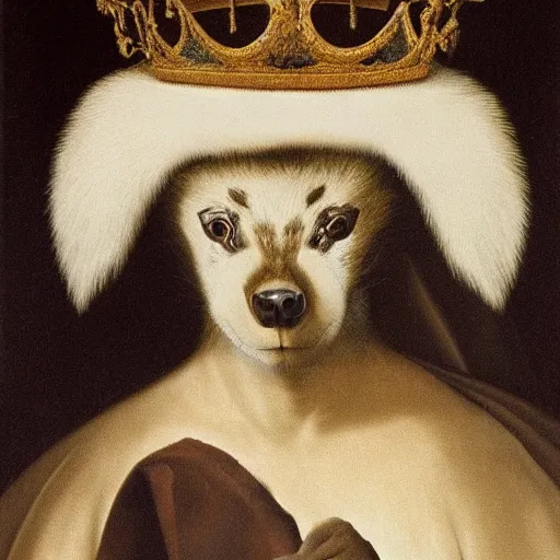 Prompt: a renaissance style portrait by Dali of an European badger wearing a crown and a cape, dark background