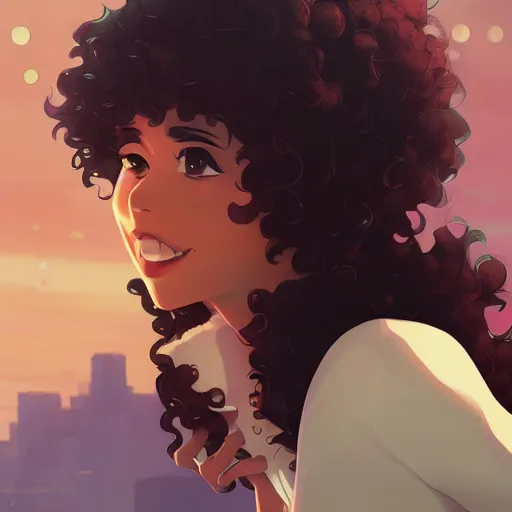 Prompt: a beautiful woman with a Mild smile and afro hair , dark brown hair and tan skin, dark brown eyes, city landscape, 4k, anime key visual, lois van baarle, ilya kuvshinov, rossdraws, artstation