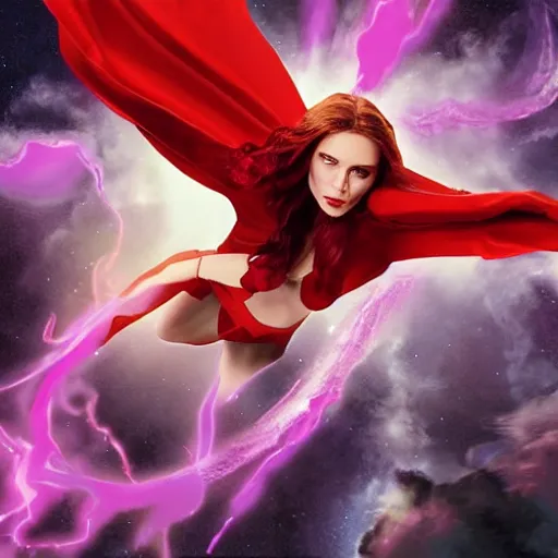 Prompt: Scarlet witch Flies above a futuristic world surrounded by purple smoke and uses her magic to cause an explosion