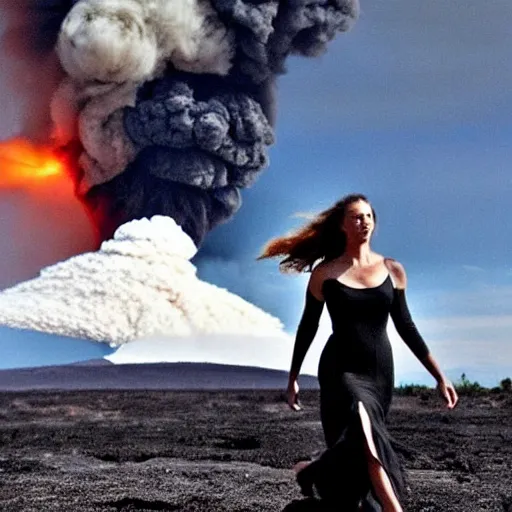 Image similar to Majestic photo of a beautiful! woman wearing a black dress walking towards the camera while a volcano explodes behind her, movie scene, majestic!, amazing!