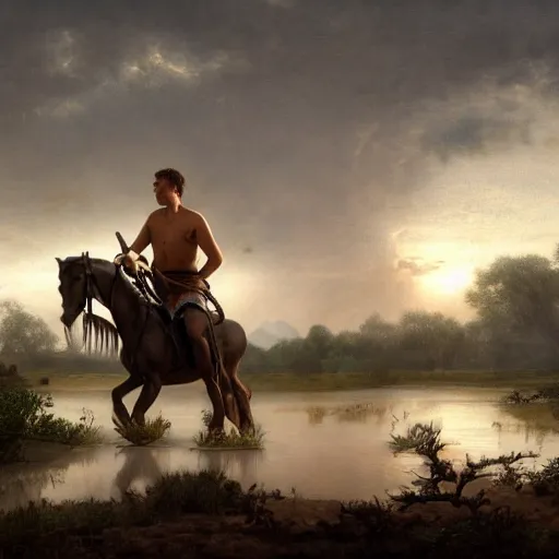 Prompt: large diorama, young man in leather tunic and loincloth, hopelessly pulling the lead of his white horse. The horse is neck deep in the mud of the swamp of sadness. Swampy, in the style of hudson river school, dark, volumetric lighting, crepuscule, octane render
