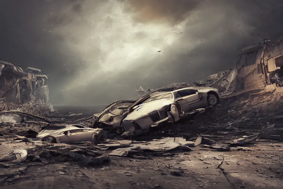 Image similar to road wreckage floating in space, dark cinematic, volumetric, realistic, 3 d render, realistic render, cinematic lighting, volumetric lighting, atmospheric, cinematic, unreal engine 5, unreal engine render, octane render, hd, photorealism, hyper realistic, 8 k