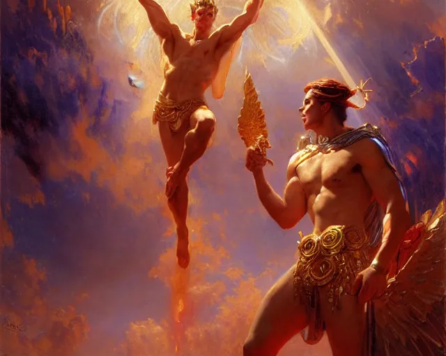 Prompt: attractive heroic male deity, summons handsome heroic lucifer morning star. highly detailed painting by gaston bussiere, craig mullins, j. c. leyendecker 8 k