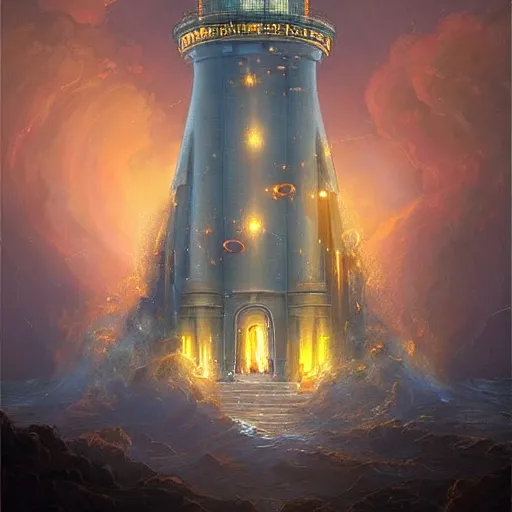 Prompt: Detailed Exterior Shot of Angelic Lighthouse of Alexandria, light of infinity, epic shafts, swarm of fireflies, magic!!! atmosphere, in Style of Peter Mohrbacher, cinematic lighting