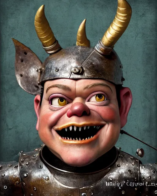 Image similar to highly detailed closeup, face profile portrait of a tin toy matt damon as a medieval demon with horns eating cakes in a castle, hyper realistic, artstation, illustration, nicoletta ceccoli, mark ryden, lostfish, dan decarlo, bob clampett, max fleischer, digital paint, matte paint, vivid colors, detailed and intricate environment