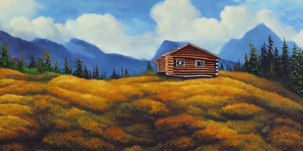 Prompt: a log cabin on a windy hillside, style of bob ross, oil painting,