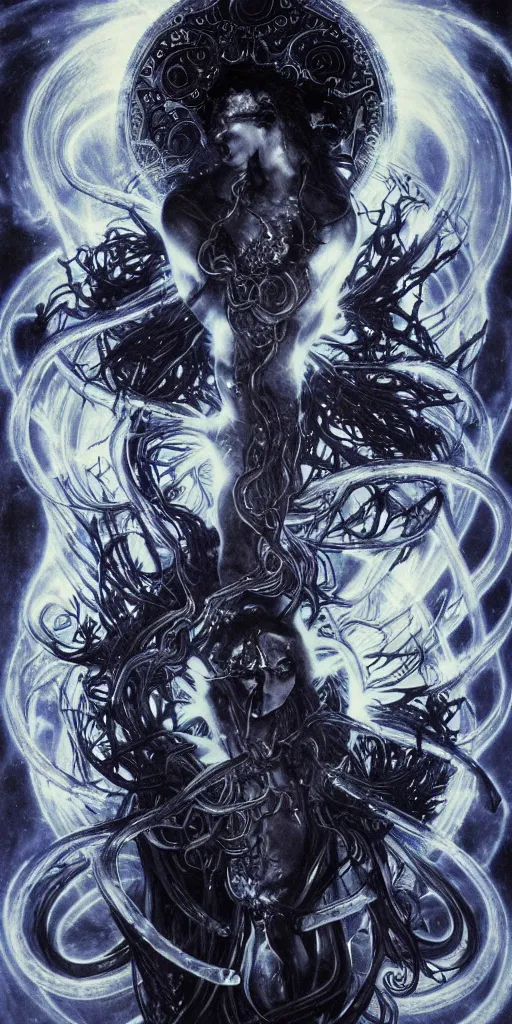 Prompt: intense glowing black metal pagan god with tentacles and intense black eyes in very dark cosmic space nebula by karol bak and alphonse mucha and h r giger, portrait, fantasy, clear, light beams, lens flare, soft, uhd, amazing depth, cinematic lighting, purple and blue and black and white and metallic silver