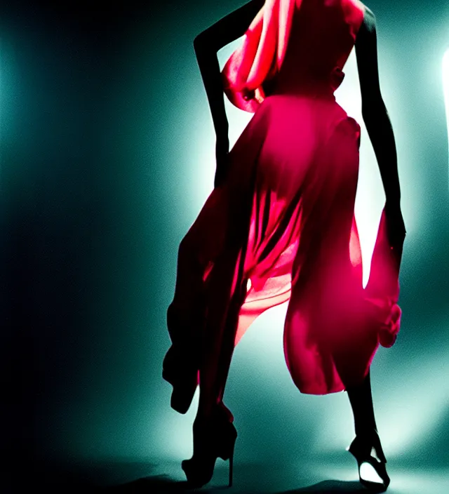 Prompt: la la land unseen film scene of gaz station by night starring seductive actress doing tango dancing, with stylish colorfull makeup and fluid cloth. intriguing soft back lighting, highly detailed, skin grain detail, photography by paolo roversi, nick knight