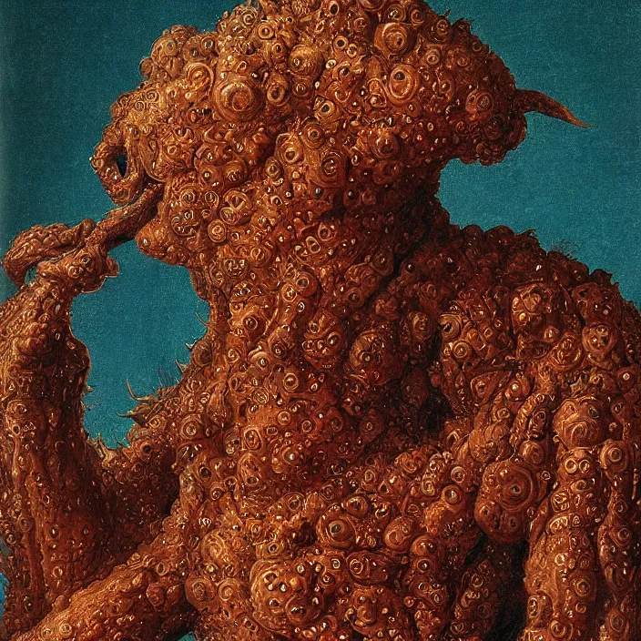 Prompt: close up portrait of a mutant monster creature with pulsating, phosphorescent, iridescent fractal protuberances. by jan van eyck, walton ford