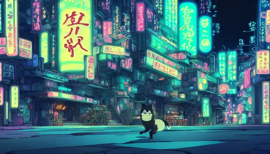 Prompt: cinematic studio ghibli shot of adorable black kitten walking through neon cyberpunk neo - tokyo, studio ghibli, hayao miyazaki, anime, detailed, 4 k, high definition