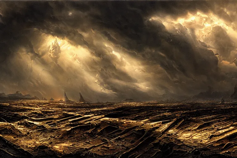 Image similar to dark landscape, ruinous, apocalyptic setting, sunshine through the billowing clouds, golden heavenly light contrasting with a hellish overworld, painting by h. r. giger