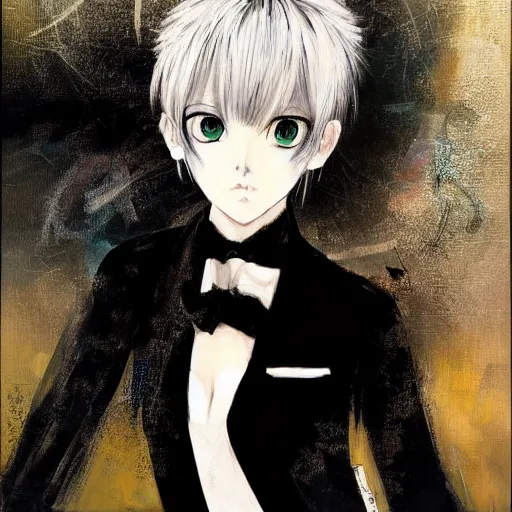 Image similar to Three quarter angle Yoshitaka Amano style portrait of an anime girl with short white hair and black eyes wearing tuxedo with patterns, abstract black and white background, film grain effect, highly detailed, oil painting, expressive brush strokes