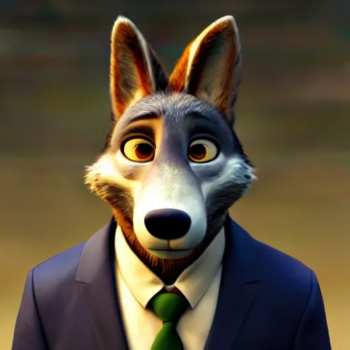 Image similar to a film still from zootopia main character portrait anthro anthropomorphic wolf security guard head animal person fursona wearing suit and tie pixar disney animation sharp rendered in unreal engine 5 key art by greg rutkowski bloom dramatic lighting modeling beginner render