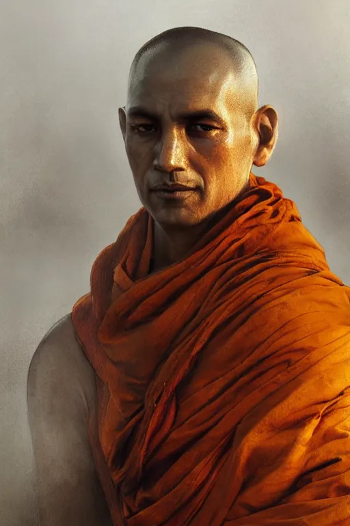 Image similar to hindu monk, close - up portrait, devoted, intricate, elegant, volumetric lighting, scenery, digital painting, highly detailed, artstation, sharp focus, illustration, concept art, ruan jia, steve mccurry