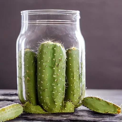 Prompt: nopal in a jar filled with white liquid