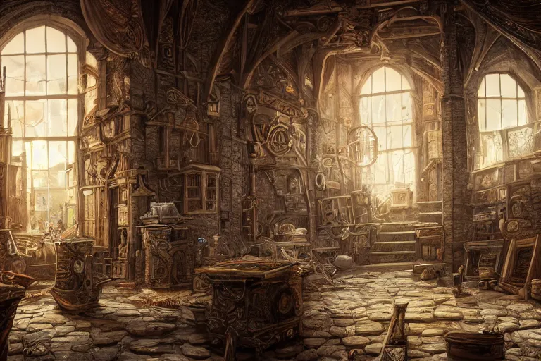 Image similar to A carpenters shop viewed from the inside, texture, intricate, details, highly detailed, masterpiece, architecture, building, trending on artstation, focus, sharp focus, concept art, digital painting, fantasy, sunny, day, midday, in the style of Dungeons and Dragons